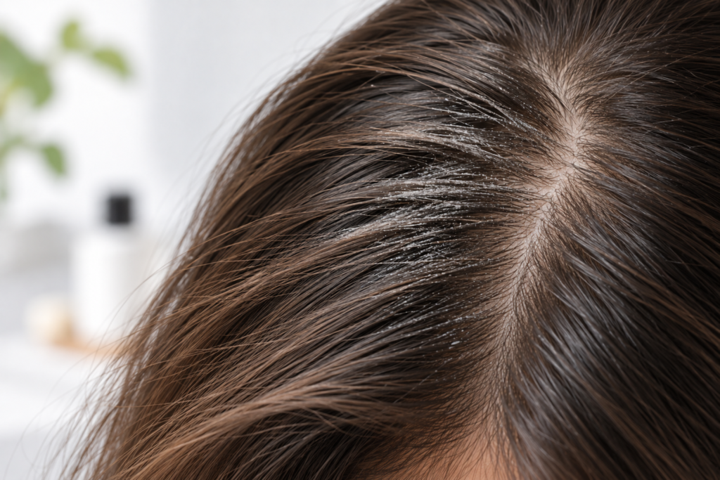 Close-up of visible residue on hair near the scalp
