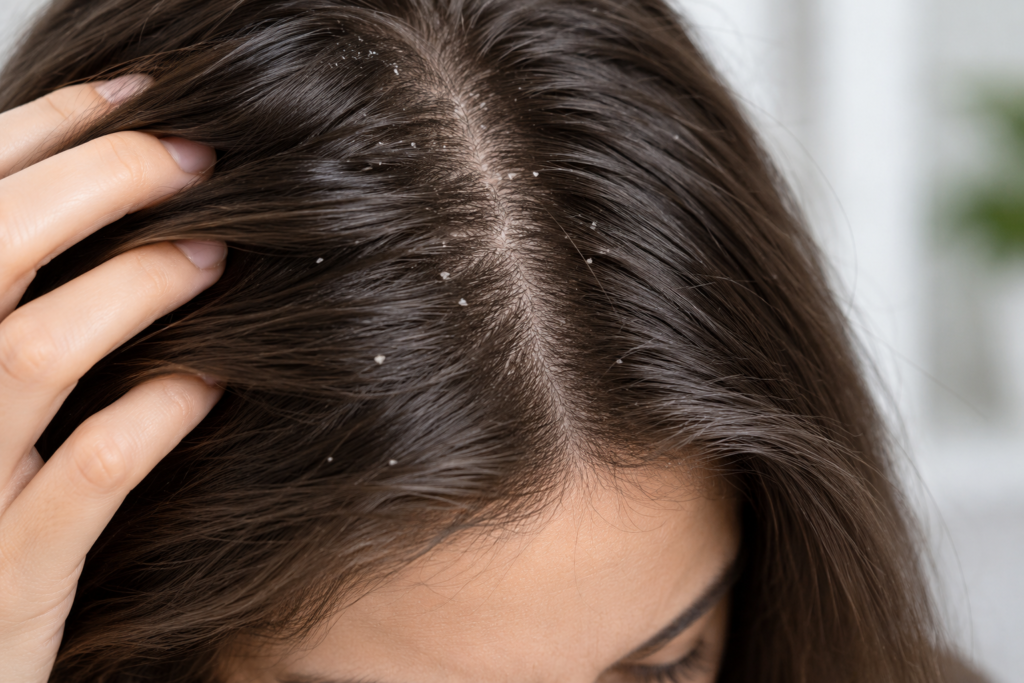 Close-up of scalp with visible flaking