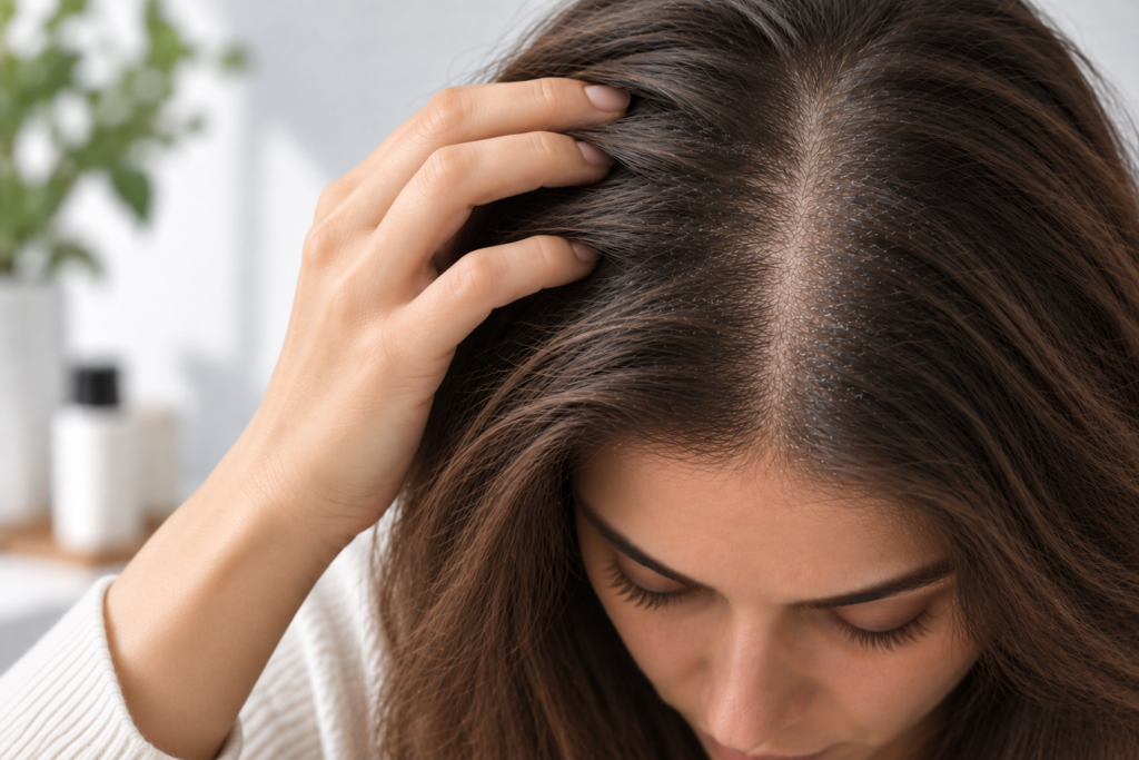 Woman examining a dry scalp with fine flaking
