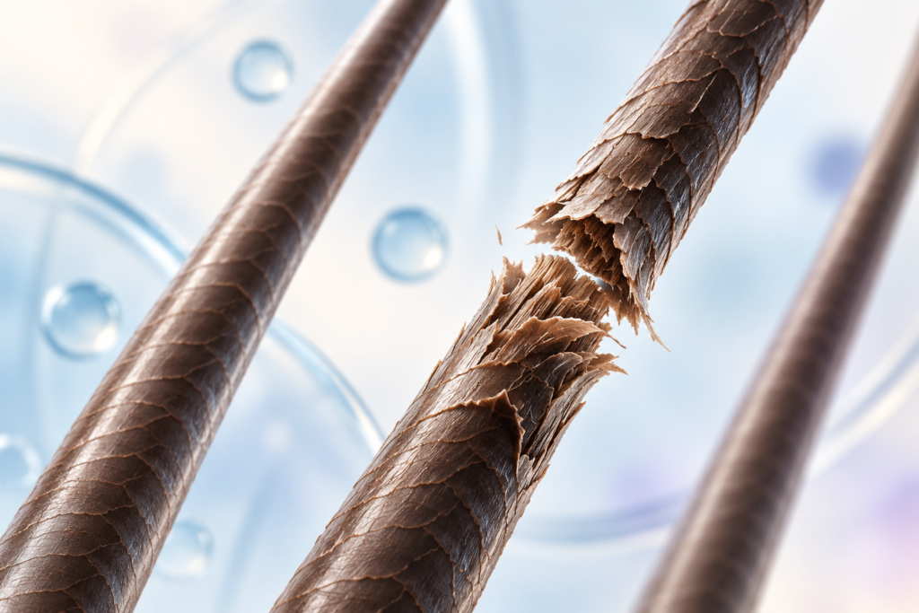 Scientific macro illustration of a formed hair shaft fracturing along its length.