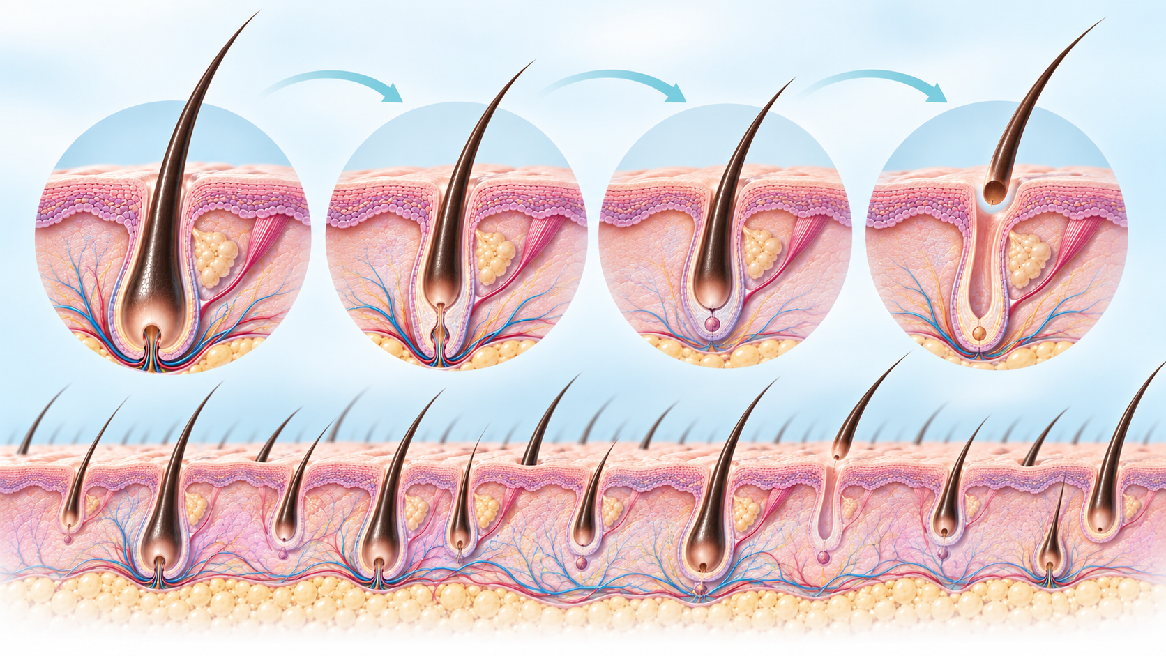 Scientific illustration showing different hair follicles in anagen, catagen, telogen, and exogen stages at the same time.