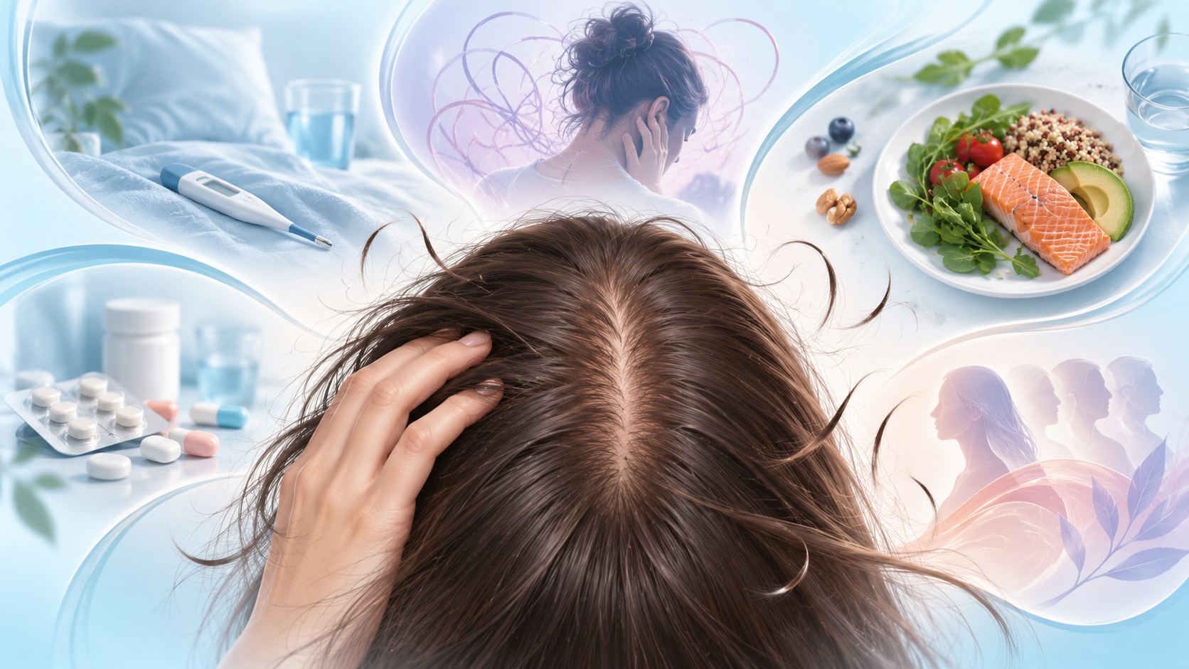 Editorial illustration of a woman examining her hair, surrounded by imagery representing illness, stress, nutrition, medications, and hormonal transitions.