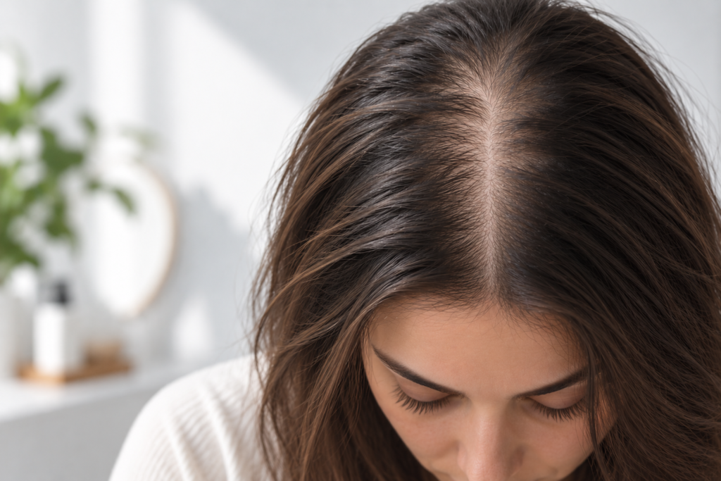 Woman with a widened hair part and visible scalp