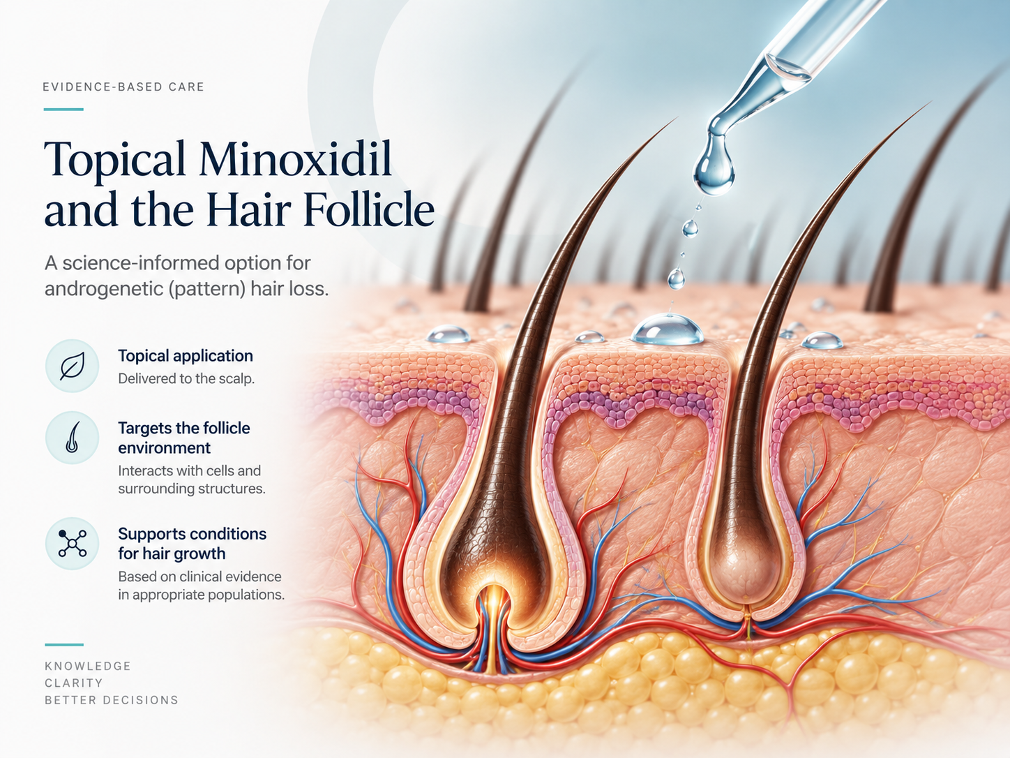 Scientific illustration of topical droplets above a scalp cross-section with hair follicles.