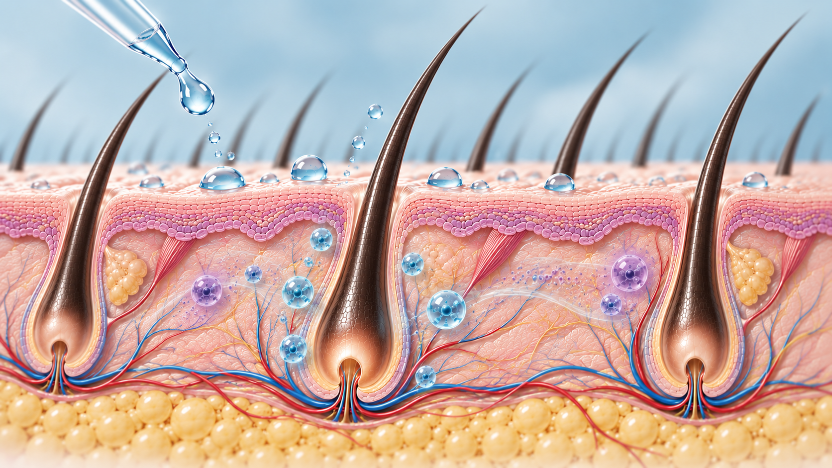 Scientific illustration of topical droplets above a scalp cross-section with hair follicles and surrounding cellular activity.