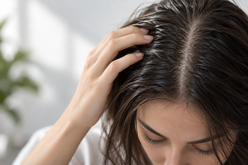 Woman examining oily hair roots at the scalp