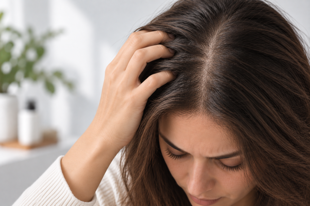 Woman gently touching a sensitive scalp